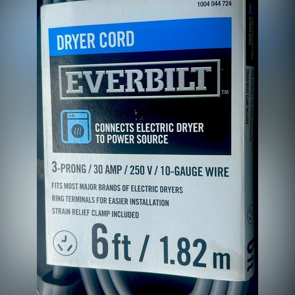 Everbilt 6 Ft. Dryer Cord, 30 Amp, 3 Wire, 250 V, 3 Prong New in Box